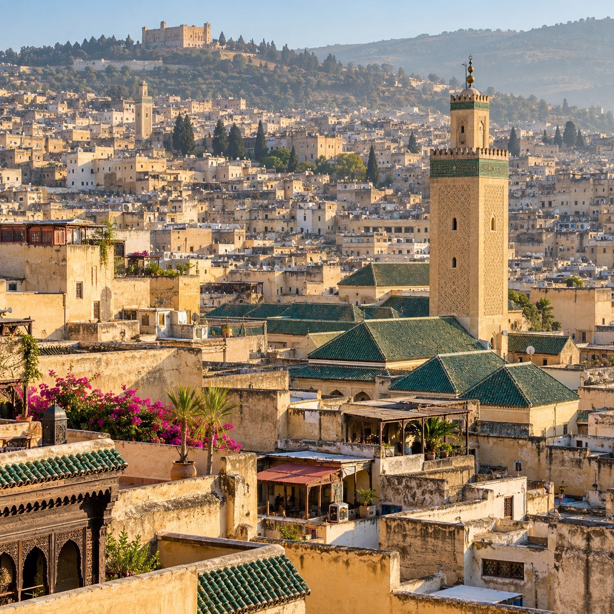 Historic rooftops and minarets in the Fes medina