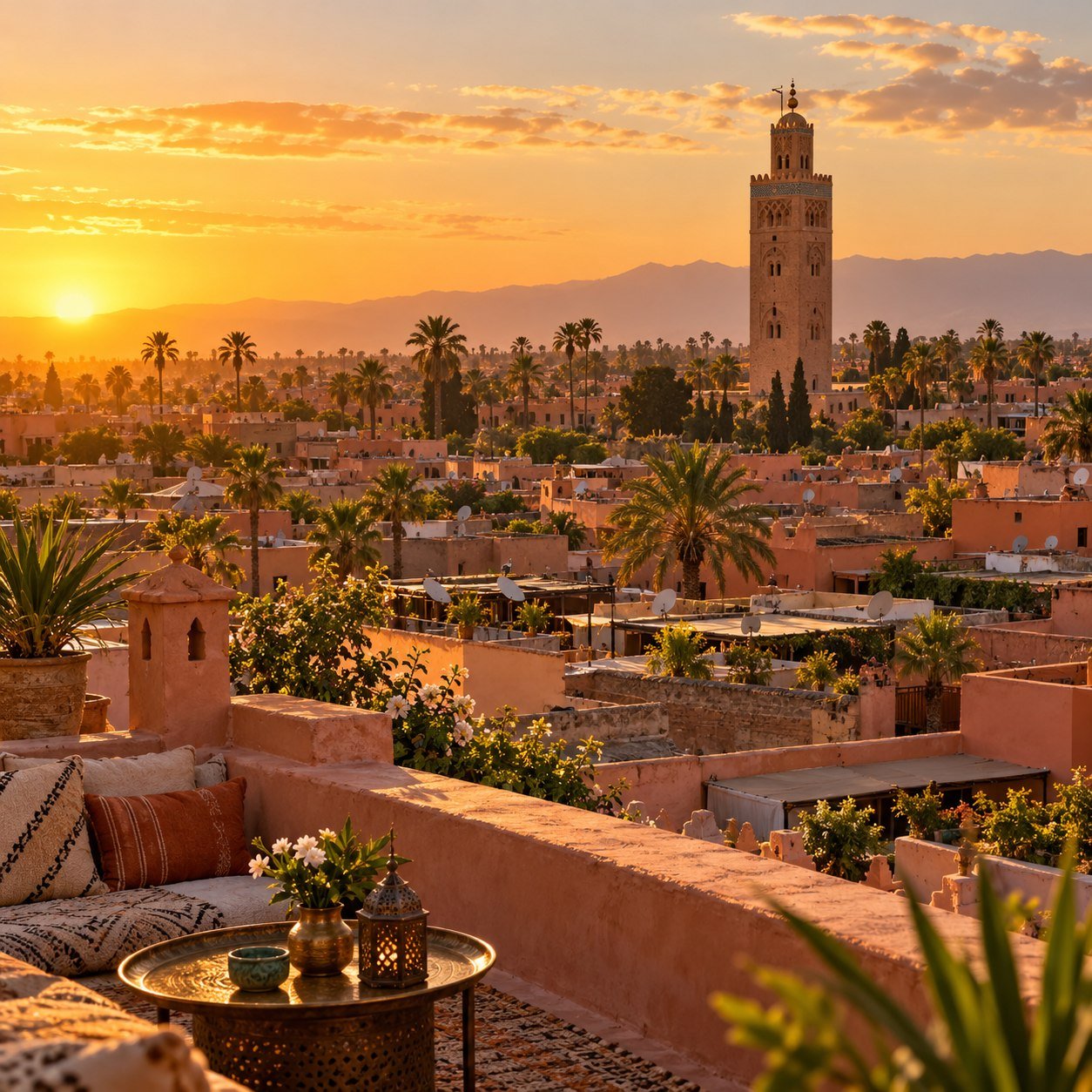 Koutoubia minaret above the rooftops of Marrakech at sunset