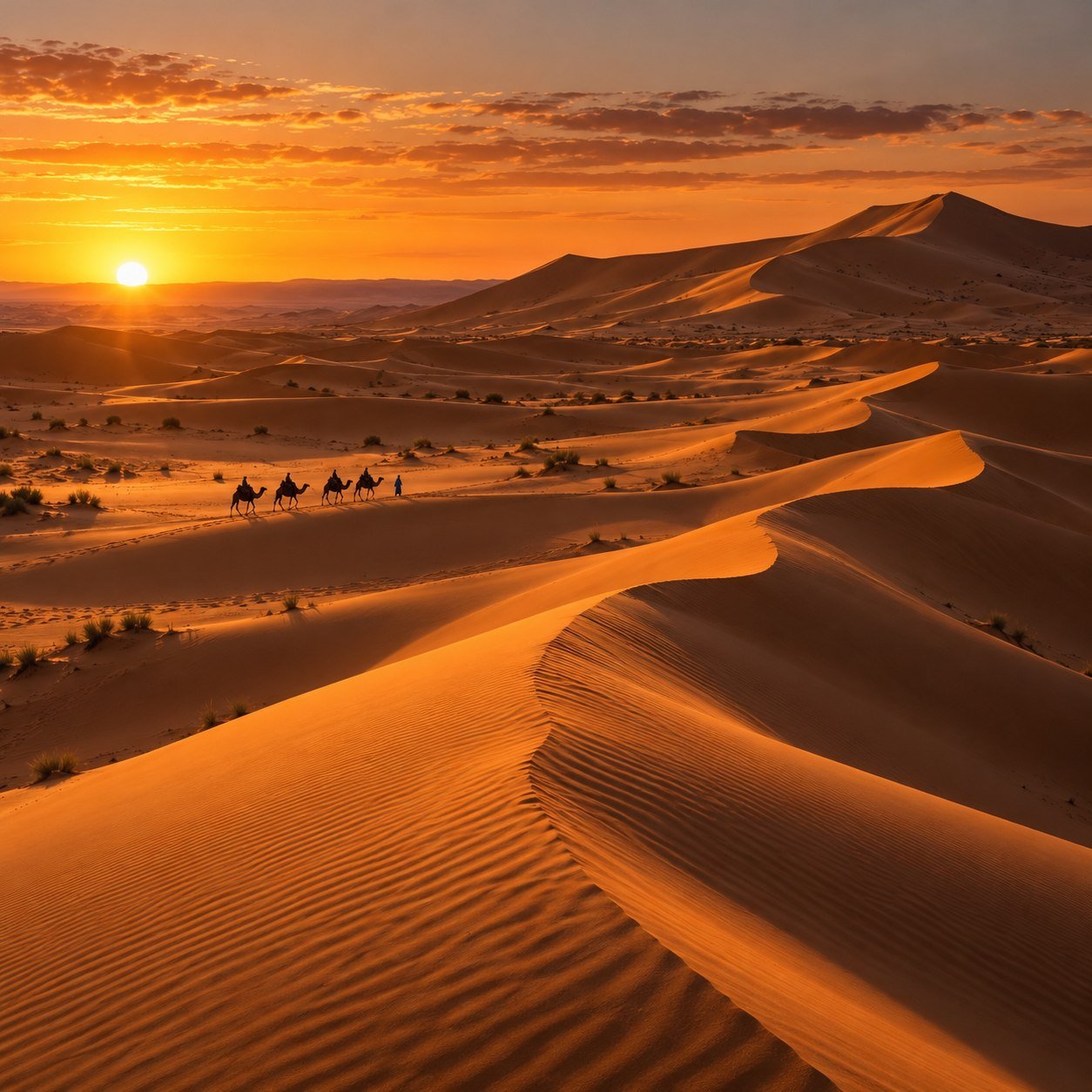 Golden Erg Chebbi dunes at sunset near Merzouga