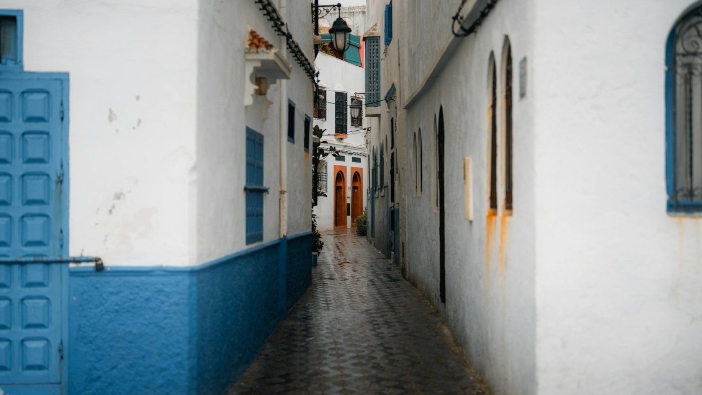 Blue and white medina street in Asilah